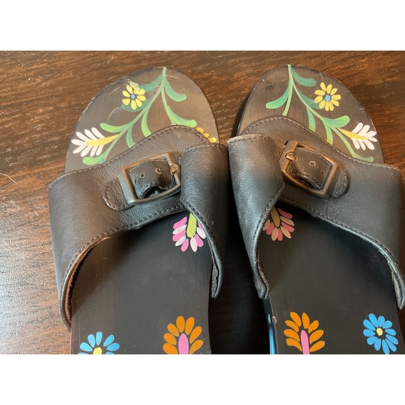 Mystique Wedge Sandals Floral Painted Brown Leather Adjustable‎ Buckle Size 9 - Picture 10 of 12